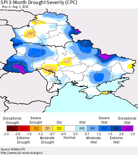 Ukraine, Moldova and Belarus SPI 3-Month Drought Severity (CPC) Thematic Map For 5/6/2020 - 8/5/2020