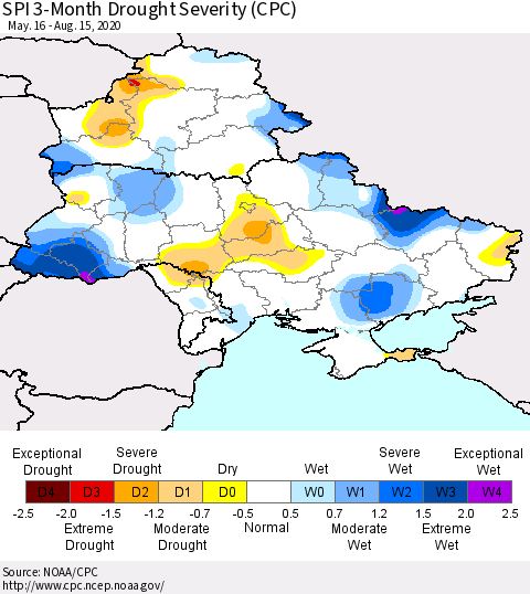 Ukraine, Moldova and Belarus SPI 3-Month Drought Severity (CPC) Thematic Map For 5/16/2020 - 8/15/2020
