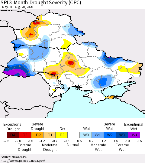 Ukraine, Moldova and Belarus SPI 3-Month Drought Severity (CPC) Thematic Map For 5/21/2020 - 8/20/2020