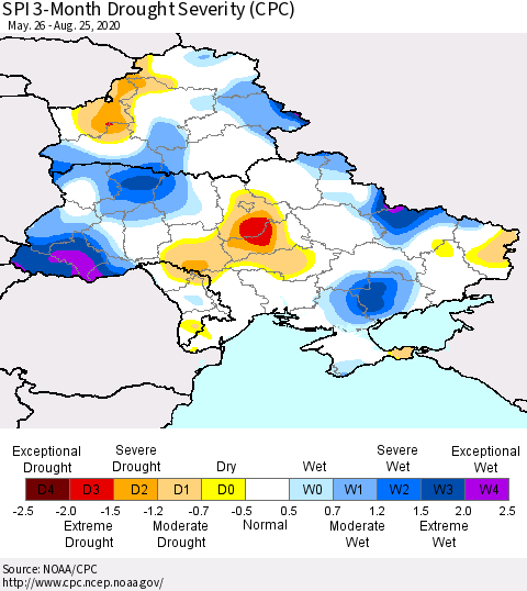 Ukraine, Moldova and Belarus SPI 3-Month Drought Severity (CPC) Thematic Map For 5/26/2020 - 8/25/2020