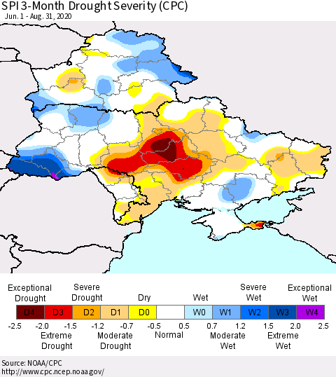 Ukraine, Moldova and Belarus SPI 3-Month Drought Severity (CPC) Thematic Map For 6/1/2020 - 8/31/2020