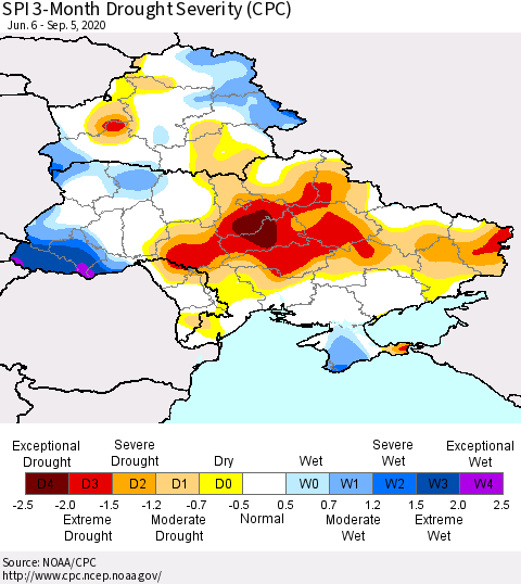 Ukraine, Moldova and Belarus SPI 3-Month Drought Severity (CPC) Thematic Map For 6/6/2020 - 9/5/2020