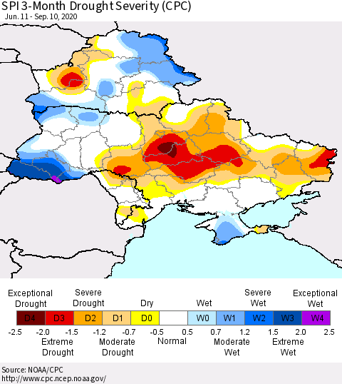 Ukraine, Moldova and Belarus SPI 3-Month Drought Severity (CPC) Thematic Map For 6/11/2020 - 9/10/2020