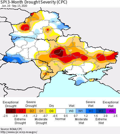 Ukraine, Moldova and Belarus SPI 3-Month Drought Severity (CPC) Thematic Map For 6/16/2020 - 9/15/2020