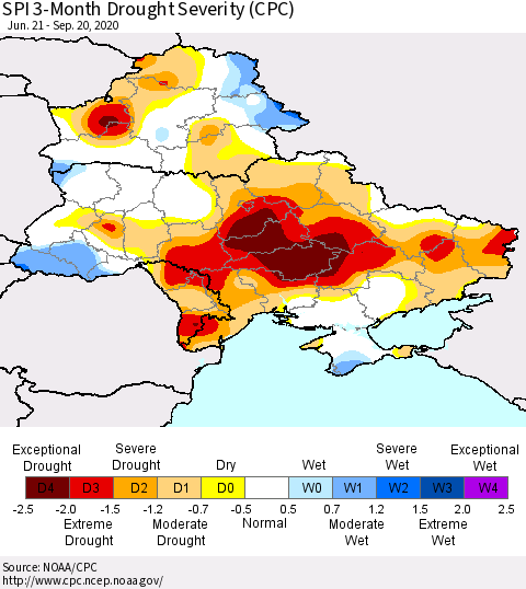 Ukraine, Moldova and Belarus SPI 3-Month Drought Severity (CPC) Thematic Map For 6/21/2020 - 9/20/2020