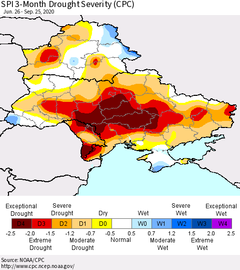 Ukraine, Moldova and Belarus SPI 3-Month Drought Severity (CPC) Thematic Map For 6/26/2020 - 9/25/2020