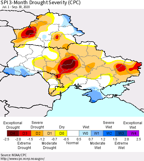 Ukraine, Moldova and Belarus SPI 3-Month Drought Severity (CPC) Thematic Map For 7/1/2020 - 9/30/2020