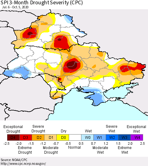 Ukraine, Moldova and Belarus SPI 3-Month Drought Severity (CPC) Thematic Map For 7/6/2020 - 10/5/2020