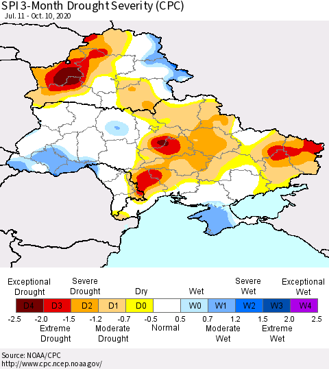 Ukraine, Moldova and Belarus SPI 3-Month Drought Severity (CPC) Thematic Map For 7/11/2020 - 10/10/2020