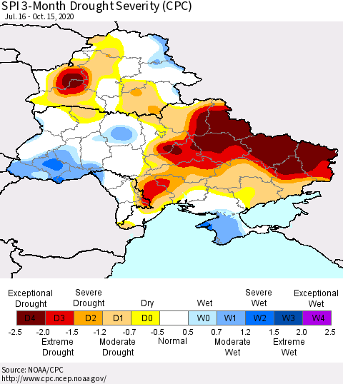 Ukraine, Moldova and Belarus SPI 3-Month Drought Severity (CPC) Thematic Map For 7/16/2020 - 10/15/2020