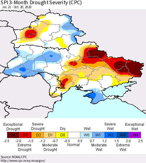 Ukraine, Moldova and Belarus SPI 3-Month Drought Severity (CPC) Thematic Map For 7/21/2020 - 10/20/2020