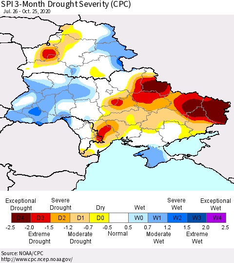Ukraine, Moldova and Belarus SPI 3-Month Drought Severity (CPC) Thematic Map For 7/26/2020 - 10/25/2020