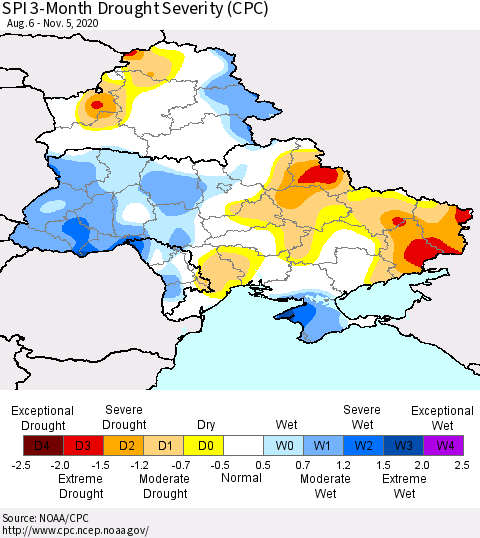 Ukraine, Moldova and Belarus SPI 3-Month Drought Severity (CPC) Thematic Map For 8/6/2020 - 11/5/2020