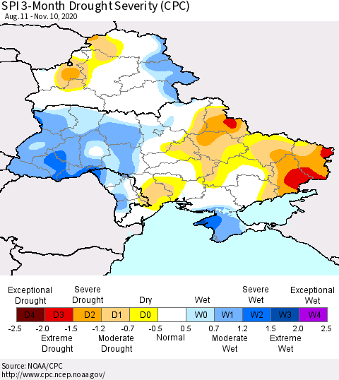 Ukraine, Moldova and Belarus SPI 3-Month Drought Severity (CPC) Thematic Map For 8/11/2020 - 11/10/2020