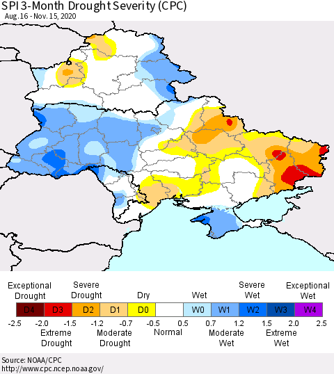 Ukraine, Moldova and Belarus SPI 3-Month Drought Severity (CPC) Thematic Map For 8/16/2020 - 11/15/2020