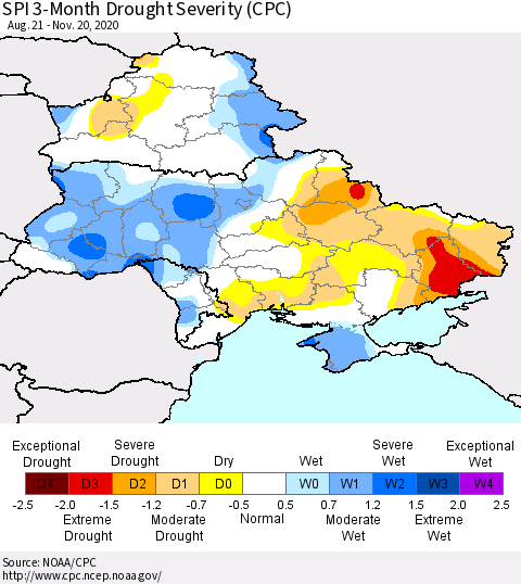 Ukraine, Moldova and Belarus SPI 3-Month Drought Severity (CPC) Thematic Map For 8/21/2020 - 11/20/2020
