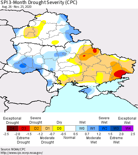 Ukraine, Moldova and Belarus SPI 3-Month Drought Severity (CPC) Thematic Map For 8/26/2020 - 11/25/2020