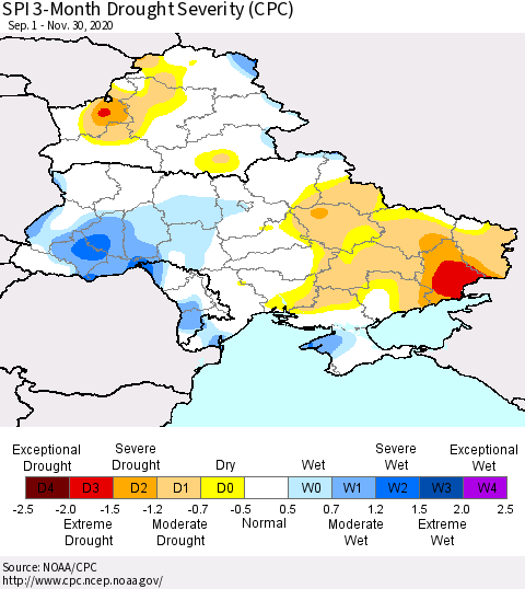 Ukraine, Moldova and Belarus SPI 3-Month Drought Severity (CPC) Thematic Map For 9/1/2020 - 11/30/2020