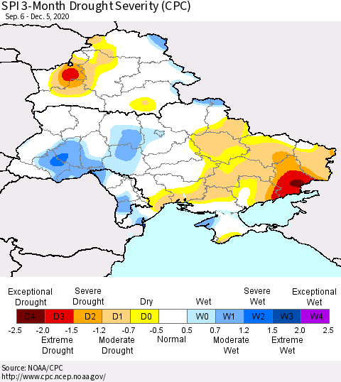 Ukraine, Moldova and Belarus SPI 3-Month Drought Severity (CPC) Thematic Map For 9/6/2020 - 12/5/2020