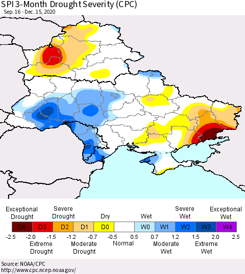 Ukraine, Moldova and Belarus SPI 3-Month Drought Severity (CPC) Thematic Map For 9/16/2020 - 12/15/2020