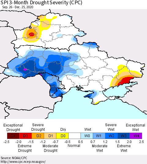 Ukraine, Moldova and Belarus SPI 3-Month Drought Severity (CPC) Thematic Map For 9/26/2020 - 12/25/2020