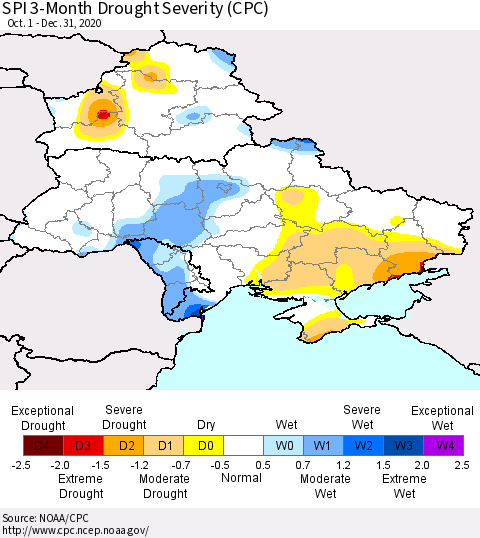 Ukraine, Moldova and Belarus SPI 3-Month Drought Severity (CPC) Thematic Map For 10/1/2020 - 12/31/2020
