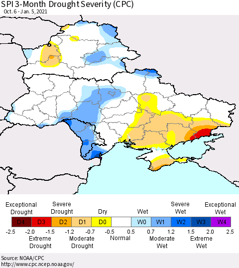 Ukraine, Moldova and Belarus SPI 3-Month Drought Severity (CPC) Thematic Map For 10/6/2020 - 1/5/2021