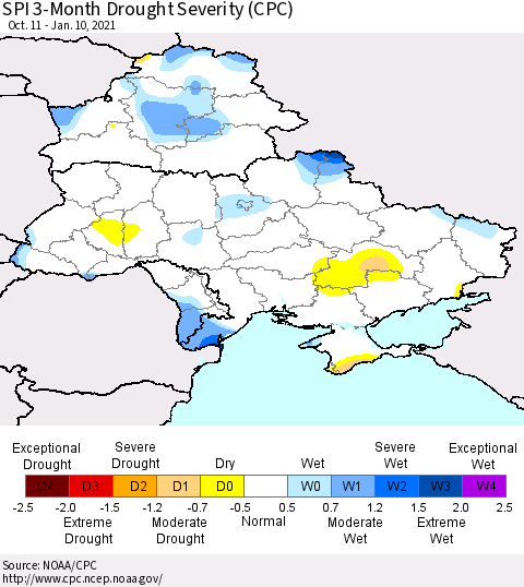 Ukraine, Moldova and Belarus SPI 3-Month Drought Severity (CPC) Thematic Map For 10/11/2020 - 1/10/2021