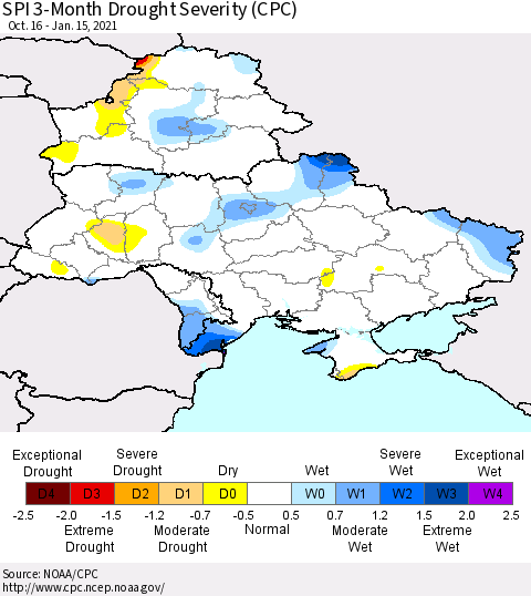 Ukraine, Moldova and Belarus SPI 3-Month Drought Severity (CPC) Thematic Map For 10/16/2020 - 1/15/2021