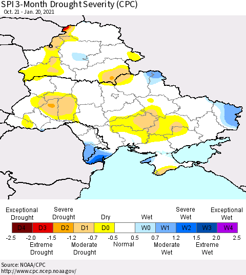 Ukraine, Moldova and Belarus SPI 3-Month Drought Severity (CPC) Thematic Map For 10/21/2020 - 1/20/2021