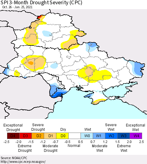 Ukraine, Moldova and Belarus SPI 3-Month Drought Severity (CPC) Thematic Map For 10/26/2020 - 1/25/2021