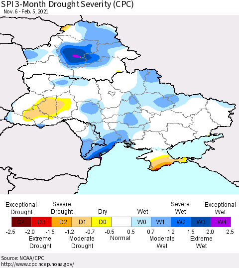 Ukraine, Moldova and Belarus SPI 3-Month Drought Severity (CPC) Thematic Map For 11/6/2020 - 2/5/2021
