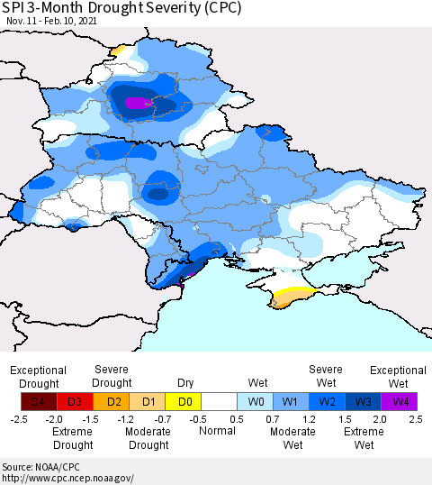Ukraine, Moldova and Belarus SPI 3-Month Drought Severity (CPC) Thematic Map For 11/11/2020 - 2/10/2021