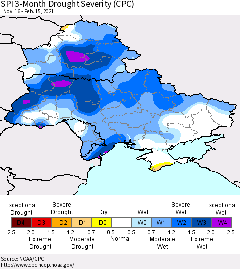 Ukraine, Moldova and Belarus SPI 3-Month Drought Severity (CPC) Thematic Map For 11/16/2020 - 2/15/2021