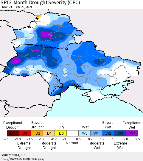 Ukraine, Moldova and Belarus SPI 3-Month Drought Severity (CPC) Thematic Map For 11/21/2020 - 2/20/2021
