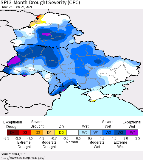 Ukraine, Moldova and Belarus SPI 3-Month Drought Severity (CPC) Thematic Map For 11/26/2020 - 2/25/2021