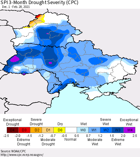 Ukraine, Moldova and Belarus SPI 3-Month Drought Severity (CPC) Thematic Map For 12/1/2020 - 2/28/2021