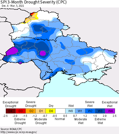 Ukraine, Moldova and Belarus SPI 3-Month Drought Severity (CPC) Thematic Map For 12/6/2020 - 3/5/2021