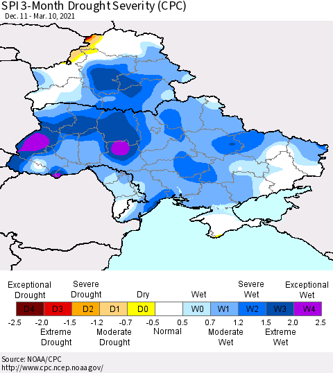 Ukraine, Moldova and Belarus SPI 3-Month Drought Severity (CPC) Thematic Map For 12/11/2020 - 3/10/2021