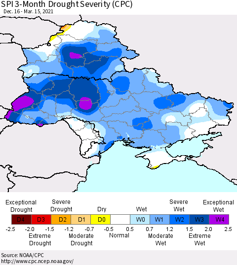 Ukraine, Moldova and Belarus SPI 3-Month Drought Severity (CPC) Thematic Map For 12/16/2020 - 3/15/2021