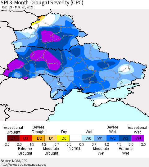 Ukraine, Moldova and Belarus SPI 3-Month Drought Severity (CPC) Thematic Map For 12/21/2020 - 3/20/2021