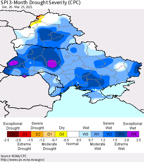 Ukraine, Moldova and Belarus SPI 3-Month Drought Severity (CPC) Thematic Map For 12/26/2020 - 3/25/2021