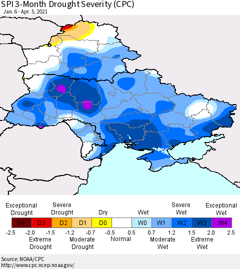 Ukraine, Moldova and Belarus SPI 3-Month Drought Severity (CPC) Thematic Map For 1/6/2021 - 4/5/2021