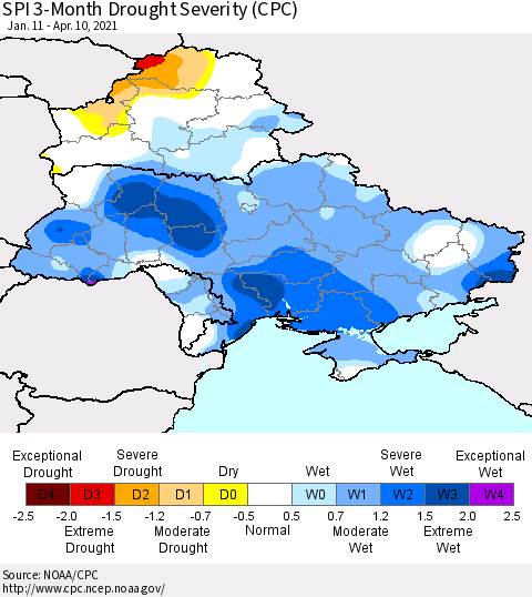 Ukraine, Moldova and Belarus SPI 3-Month Drought Severity (CPC) Thematic Map For 1/11/2021 - 4/10/2021