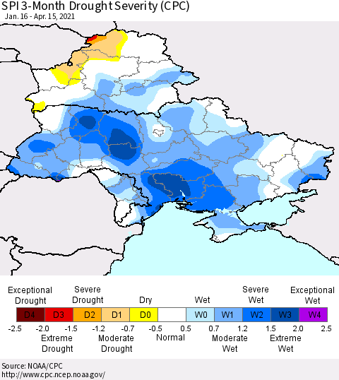 Ukraine, Moldova and Belarus SPI 3-Month Drought Severity (CPC) Thematic Map For 1/16/2021 - 4/15/2021