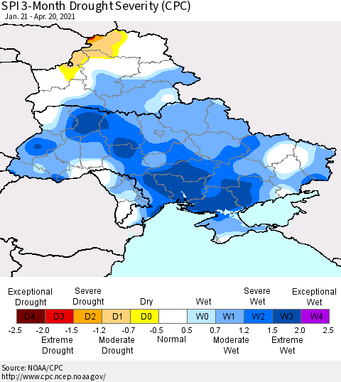 Ukraine, Moldova and Belarus SPI 3-Month Drought Severity (CPC) Thematic Map For 1/21/2021 - 4/20/2021