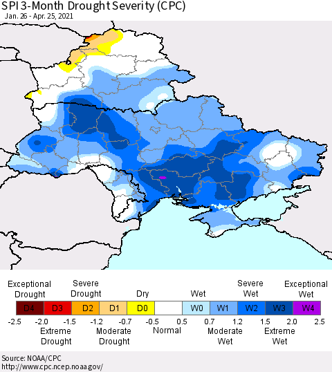 Ukraine, Moldova and Belarus SPI 3-Month Drought Severity (CPC) Thematic Map For 1/26/2021 - 4/25/2021