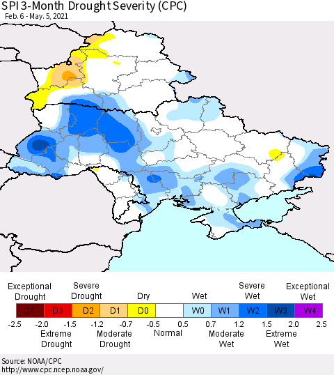 Ukraine, Moldova and Belarus SPI 3-Month Drought Severity (CPC) Thematic Map For 2/6/2021 - 5/5/2021