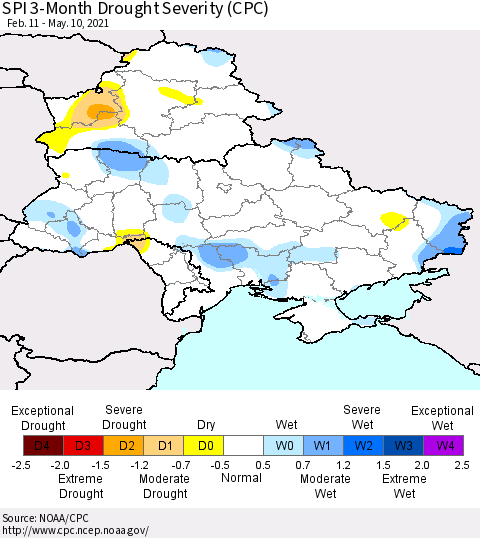 Ukraine, Moldova and Belarus SPI 3-Month Drought Severity (CPC) Thematic Map For 2/11/2021 - 5/10/2021
