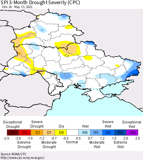 Ukraine, Moldova and Belarus SPI 3-Month Drought Severity (CPC) Thematic Map For 2/16/2021 - 5/15/2021